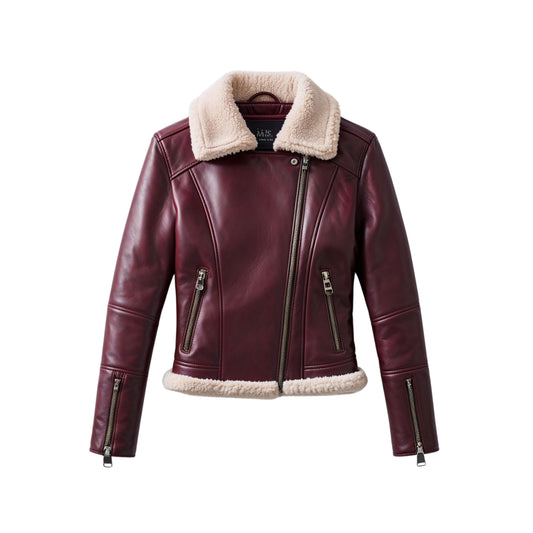 Womens Burgundy Real Leather Shearling Moto Coat, Cream Fur Collar Biker Style Jacket