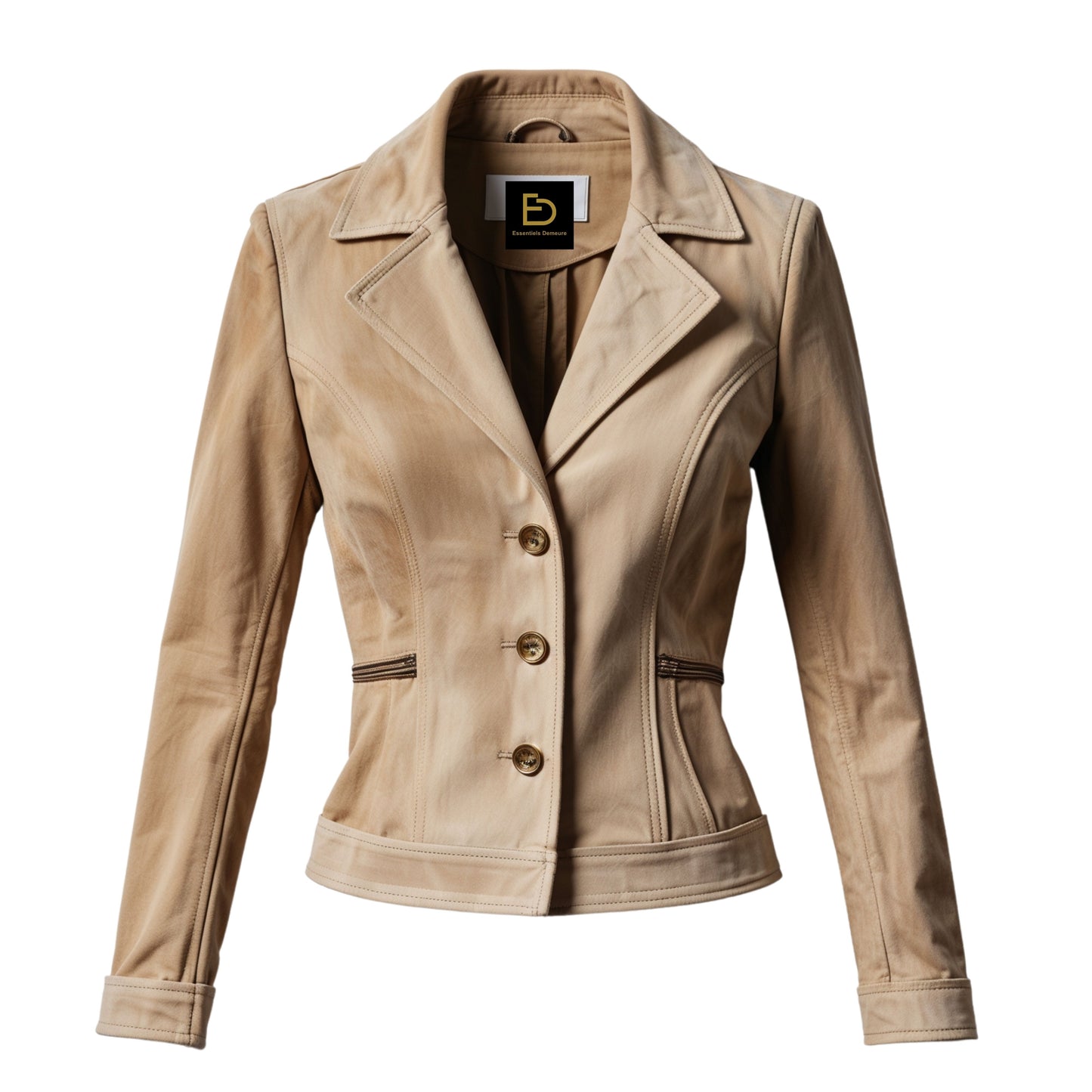 Women's Beige Tan Real Leather Blazer Jacket – Slim Fit Three-Button Office Coat