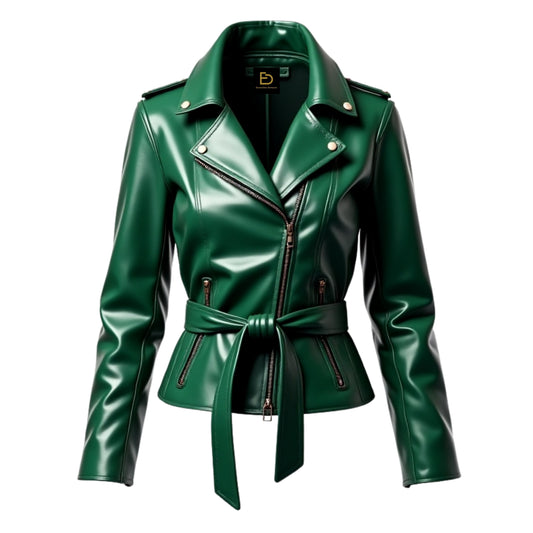 Emerald Green Leather Biker Jacket: Belted Moto Style Lapel Collar Shoulder Tabs