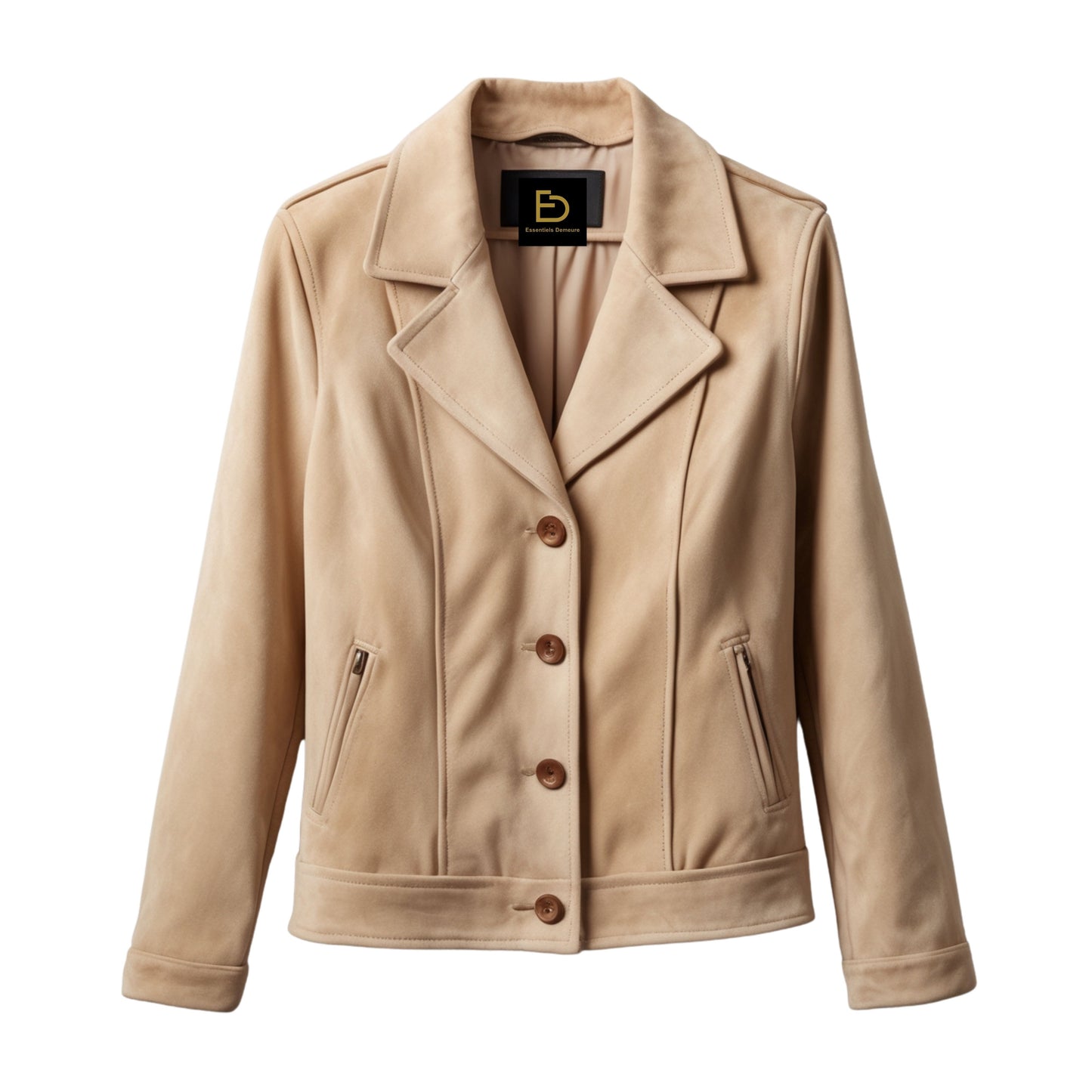 Womens Beige Suede Leather Blazer Jacket – Slim Fit, Button Front, Notched Lapel