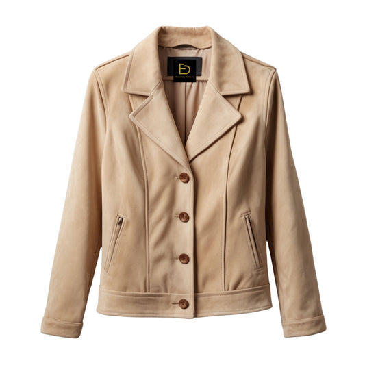 Womens Beige Suede Leather Blazer Jacket – Slim Fit, Button Front, Notched Lapel