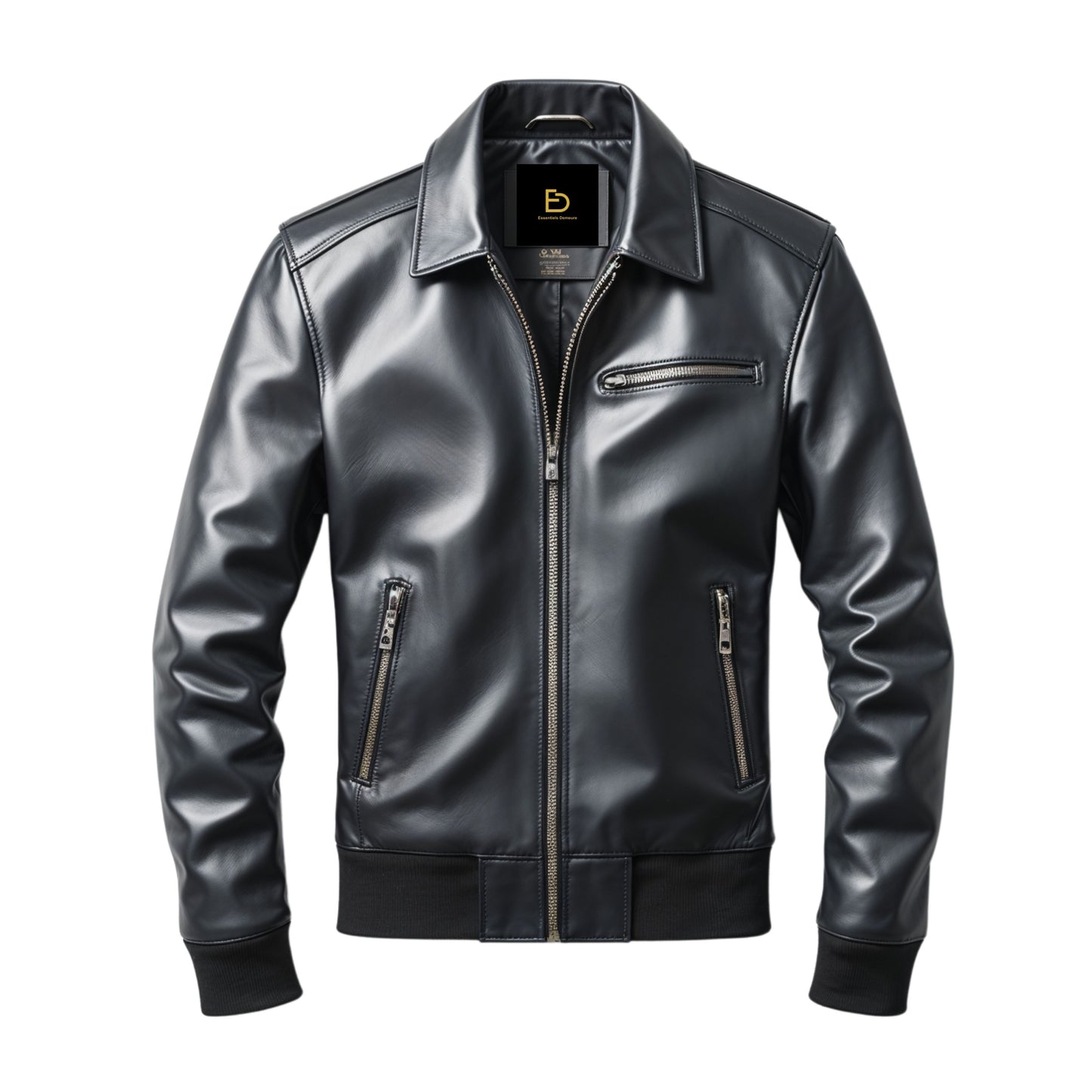 Men's Black Real Leather Bomber Jacket: Ribbed Cuffs, Zipper Pockets, Stylish Wear