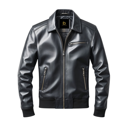 Men's Black Real Leather Bomber Jacket: Ribbed Cuffs, Zipper Pockets, Stylish Wear
