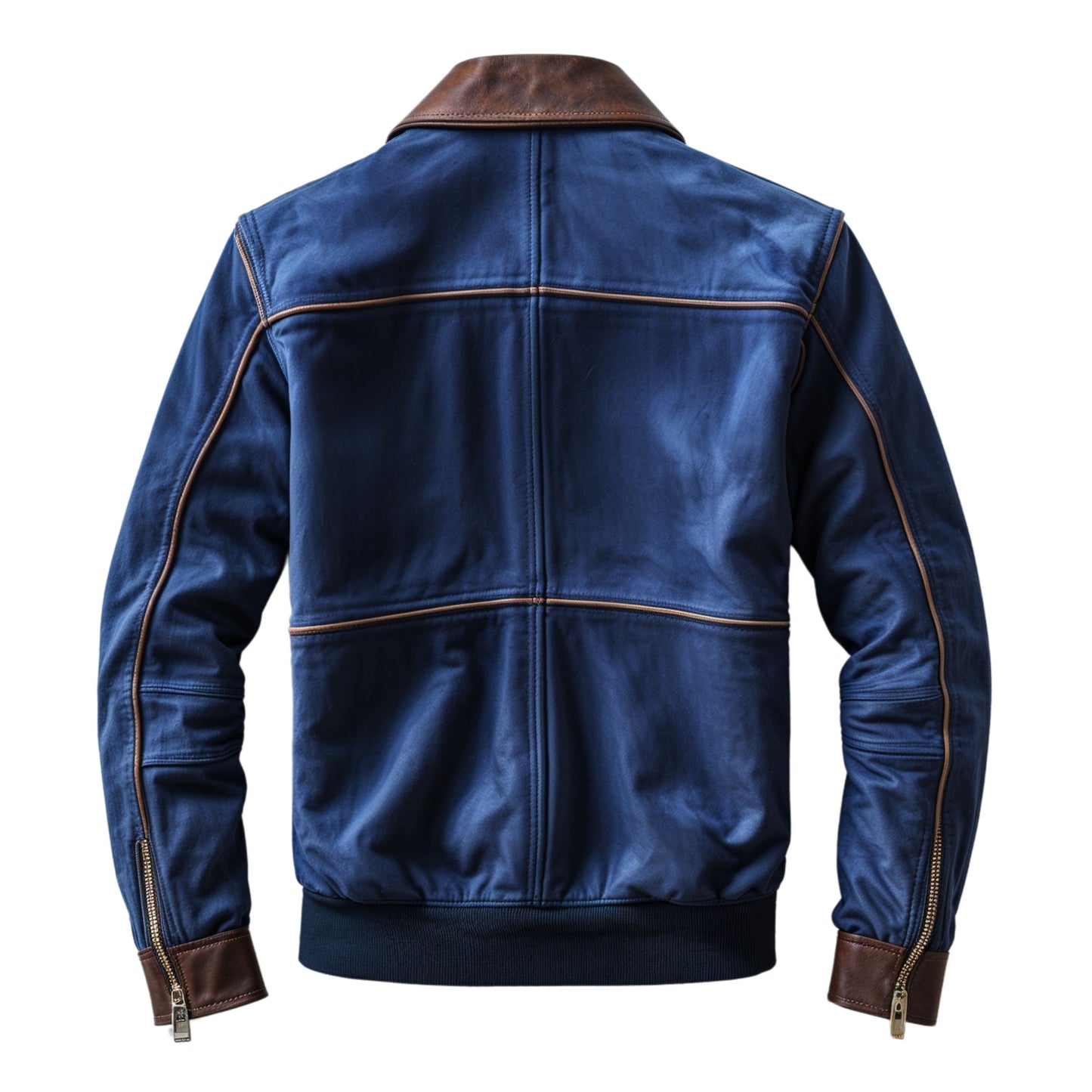 Men's Blue Bomber Jacket with Brown Collar, Cuffs, Zippered Pockets – Classic Fit