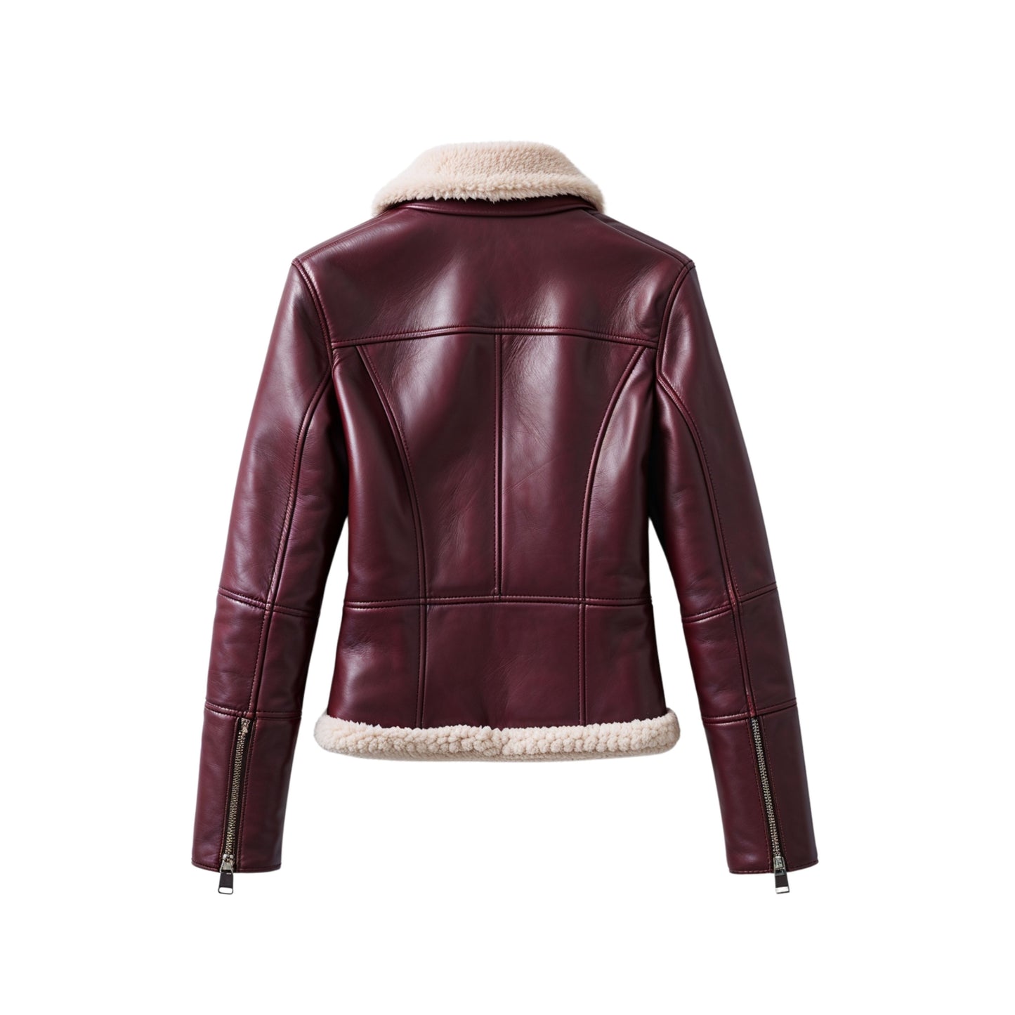 Womens Burgundy Real Leather Shearling Moto Coat, Cream Fur Collar Biker Style Jacket