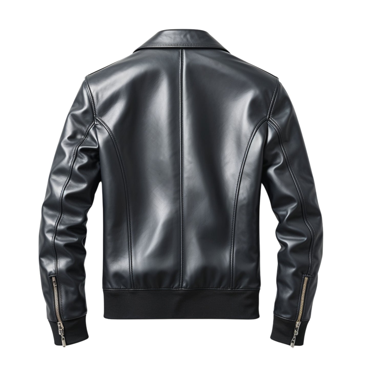 Men's Black Real Leather Bomber Jacket: Ribbed Cuffs, Zipper Pockets, Stylish Wear