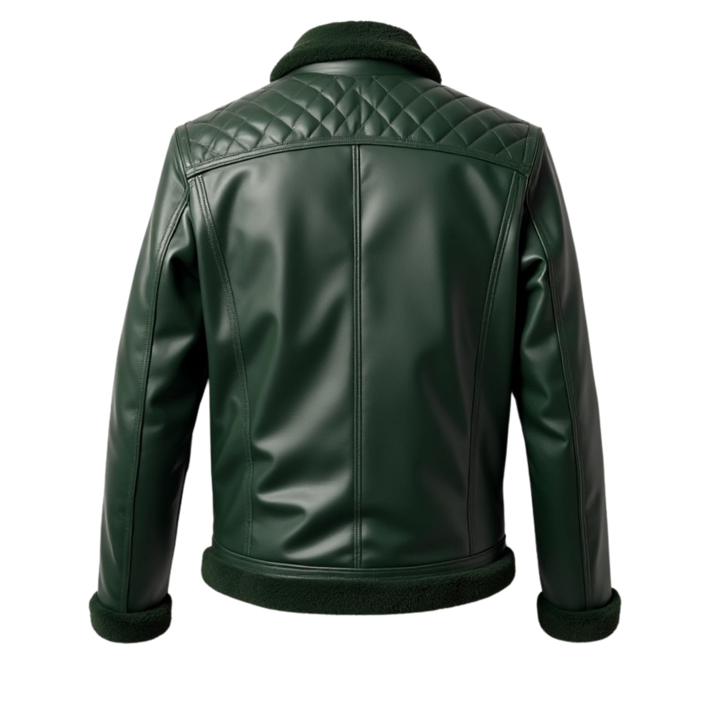 Men's Green Leather Bomber Jacket with Shearling Collar, Quilted Shoulders