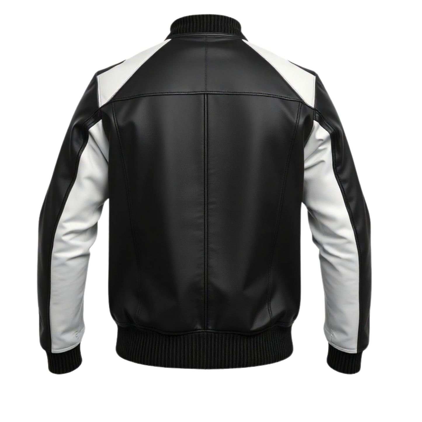 Men's Black Leather Bomber Jacket with White Accents, Utility Pocket