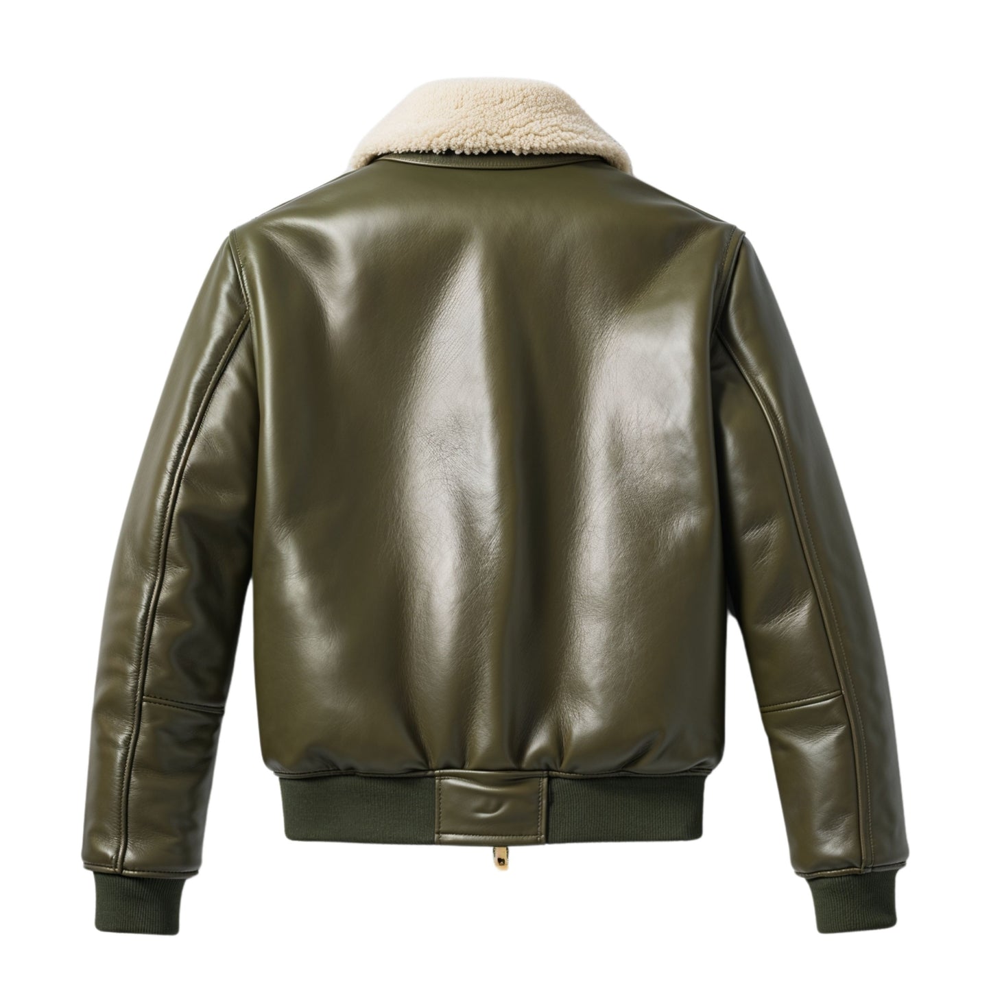 Men's Olive Green Leather Bomber Jacket with Shearling Collar and Gold Zippers