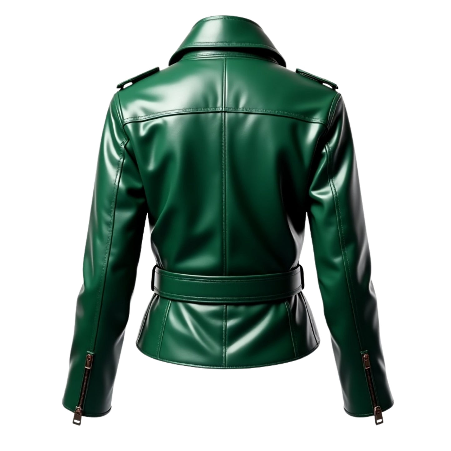 Emerald Green Leather Biker Jacket: Belted Moto Style Lapel Collar Shoulder Tabs