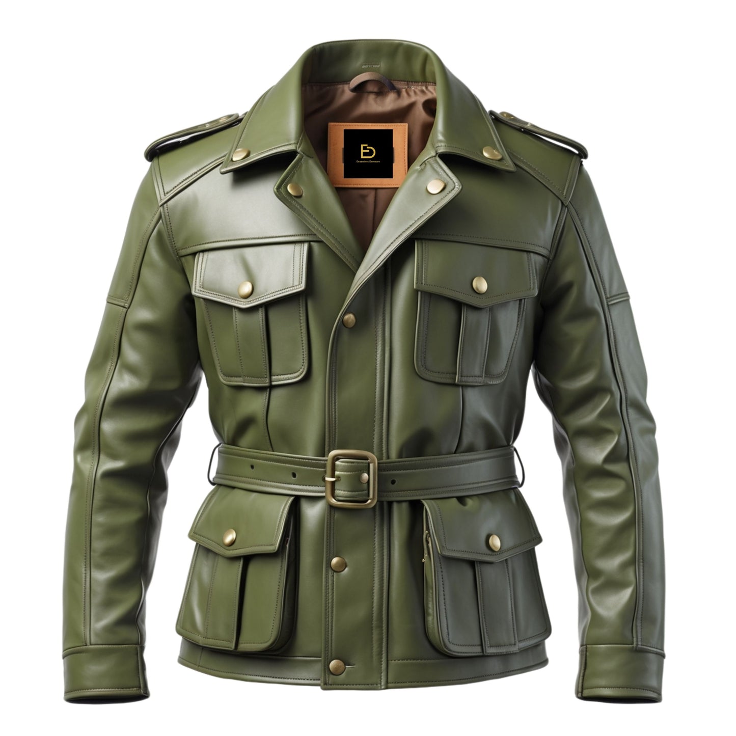 Green Real Leather Field Jacket with Belted Waist and Flap Pockets