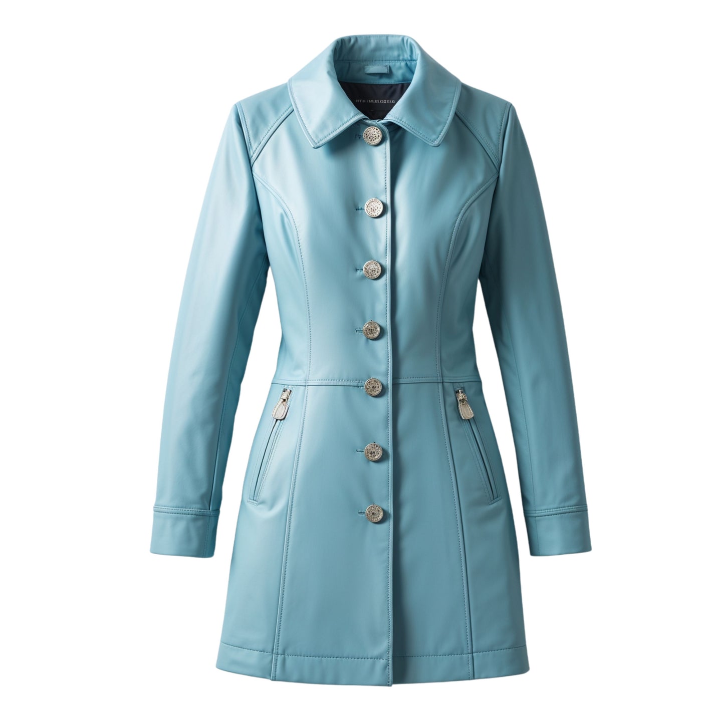 Light Blue Real Leather Coat with Silver Buttons, Shaped Seams, Zip Pockets