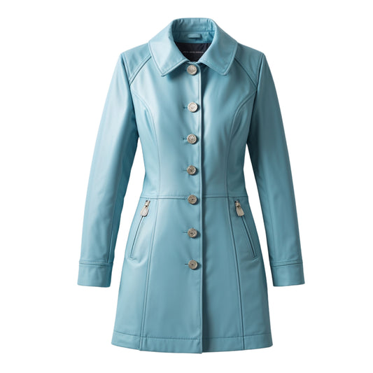 Light Blue Real Leather Coat with Silver Buttons, Shaped Seams, Zip Pockets