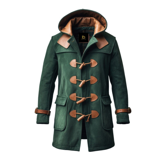 Men's Green Real Leather Duffle Coat with Toggle Fasteners and Hood