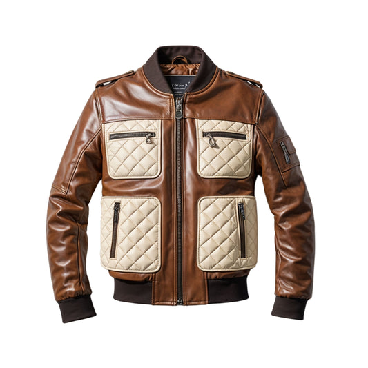 Men's Real Leather Bomber Jacket: Quilted Contrast Pockets, Urban Street Style Comfort