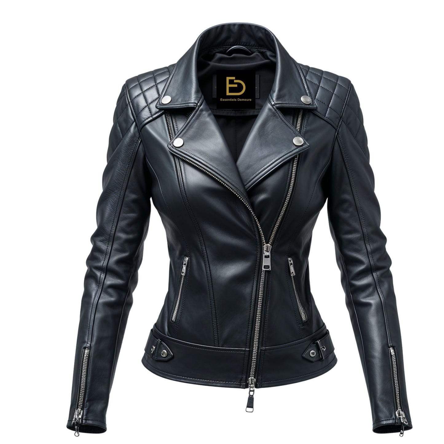 Black Quilted Shoulder Leather Biker Jacket – Asymmetric Zip Slim Fit Coat