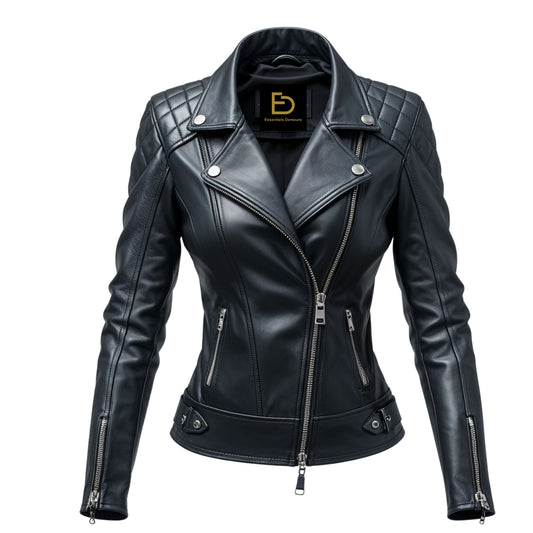 Black Quilted Shoulder Leather Biker Jacket – Asymmetric Zip Slim Fit Coat
