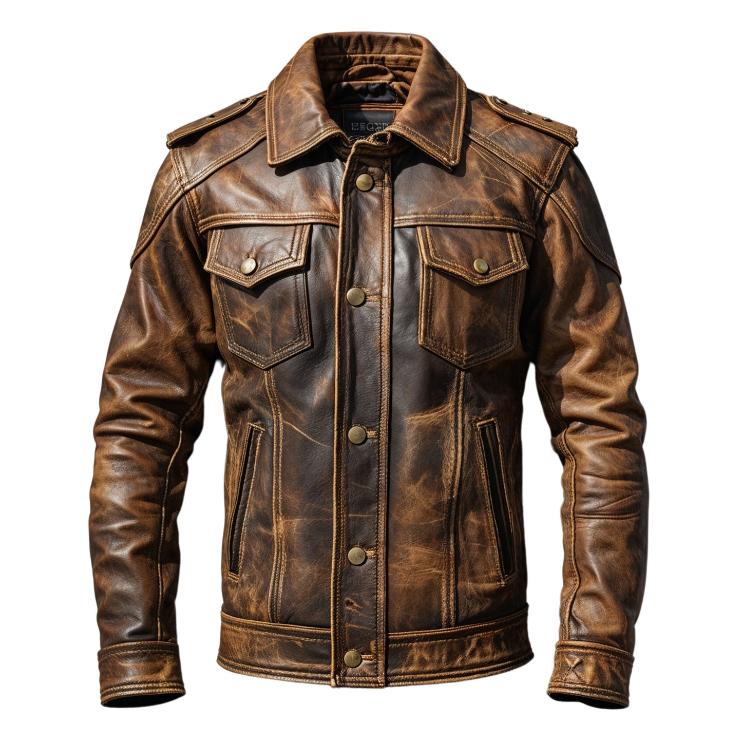 Distressed Brown Real Leather Trucker Jacket Men's Classic Rugged Style Button Up