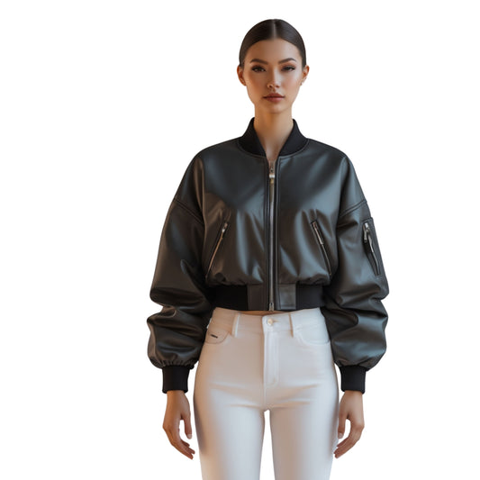 Black Genuine Leather Cropped Bomber Jacket: Oversized Puff Sleeve, Biker Style Coat