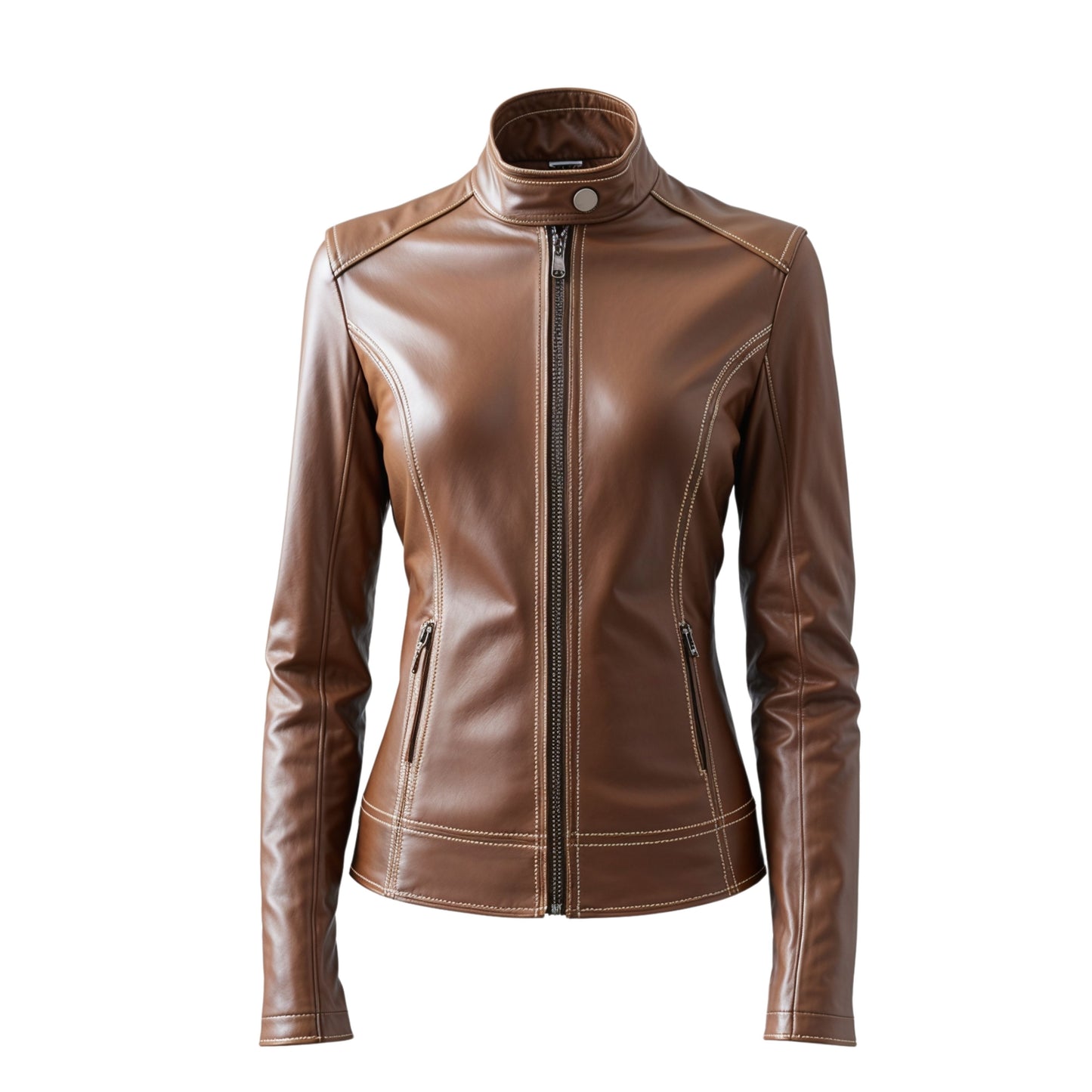 Brown Leather Jacket Women's Stand Collar Zip Front Coat Contrast Stitching Slim Fit