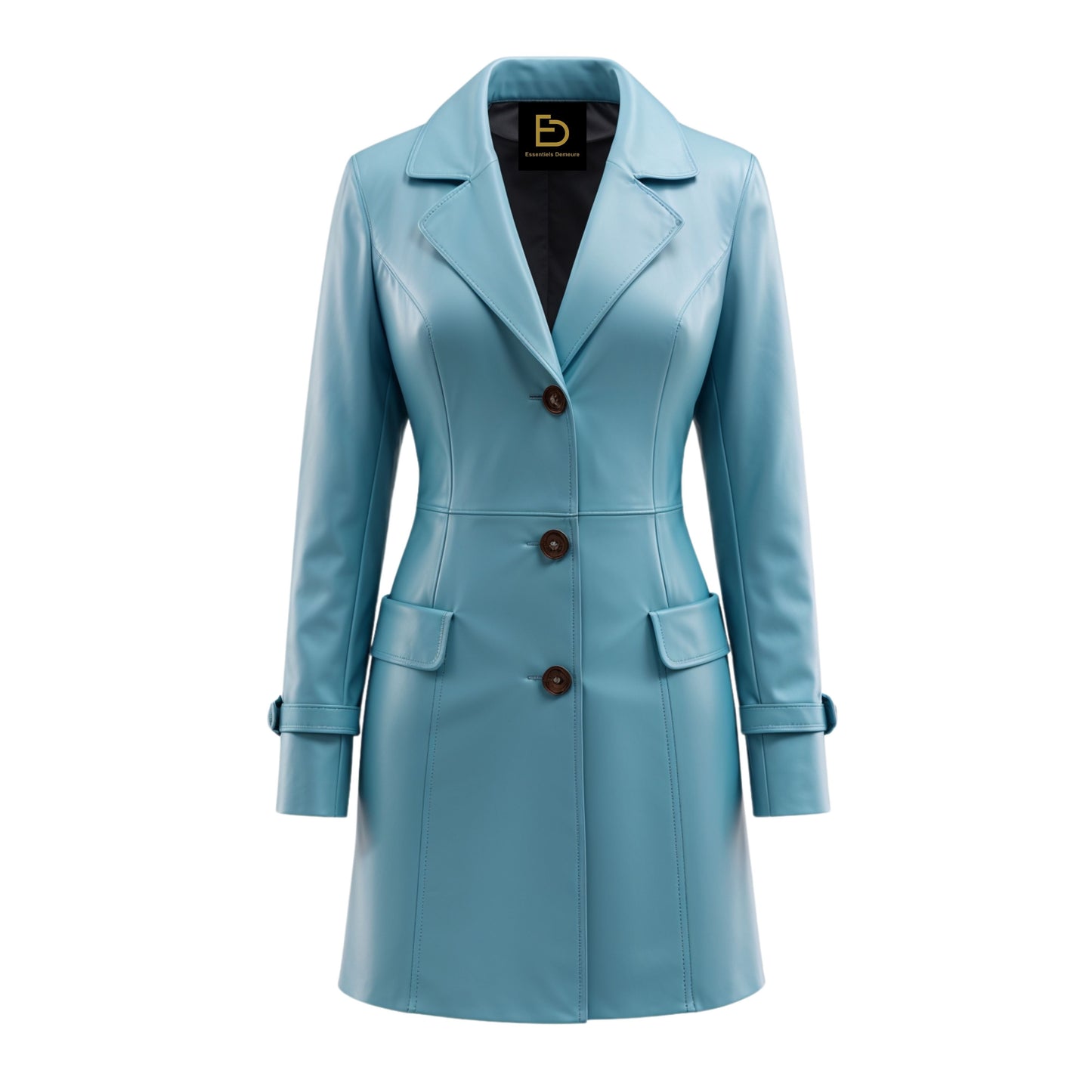 Light Blue Real Leather Blazer Coat: Tailored Slim Fit Notched Lapel Outerwear