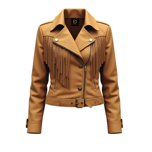 Tan Real Leather Fringed Biker Jacket – Bohemian Moto Style Belted Asymmetrical Zipper