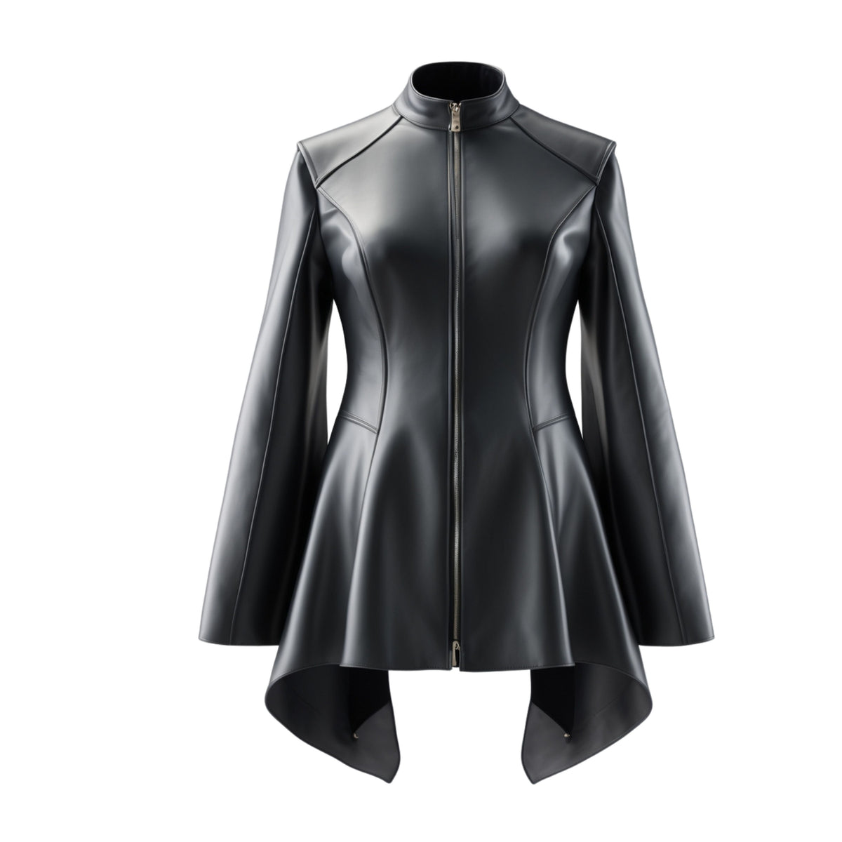 Black Leather Flared Hem Jacket — Bell Sleeves — Funnel Collar — Dramatic Silhouette