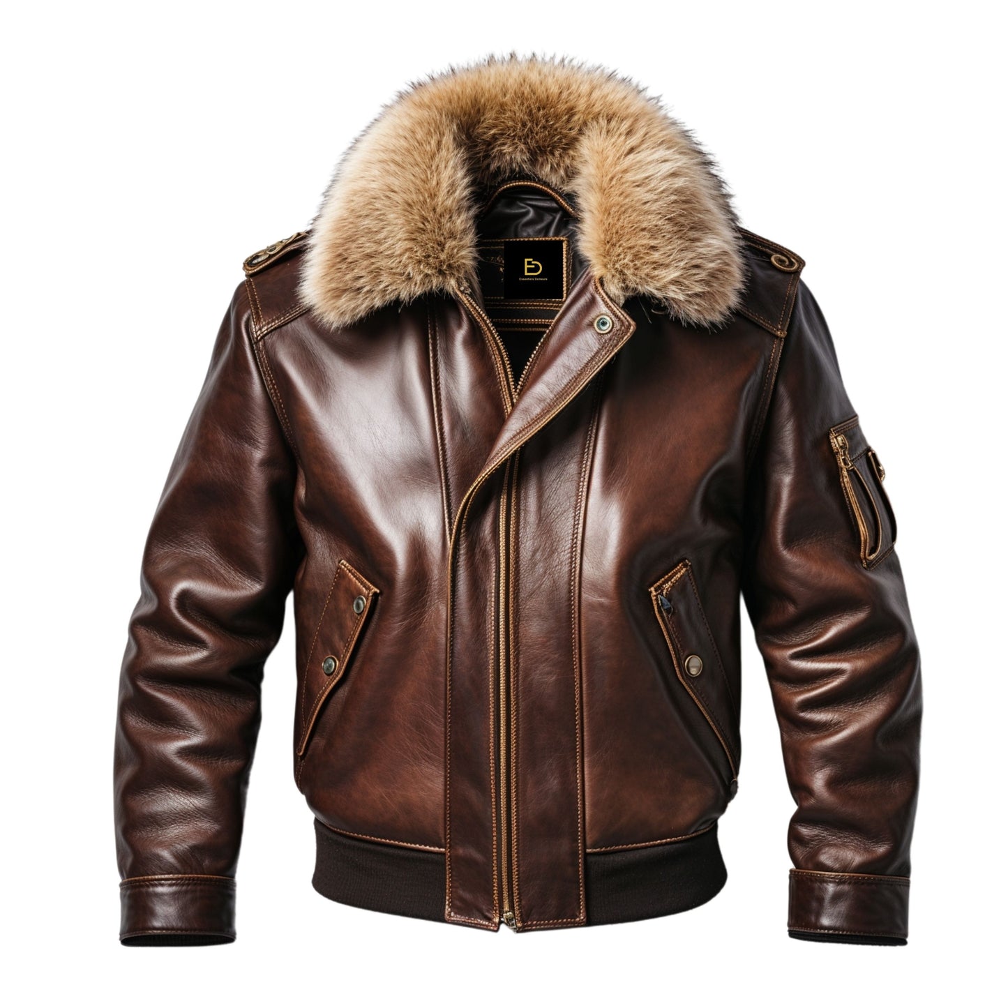 Leather Bomber Jacket Luxurious Fur Collar Classic Aviator Style Multiple Pockets Warmth Timeless Fashion