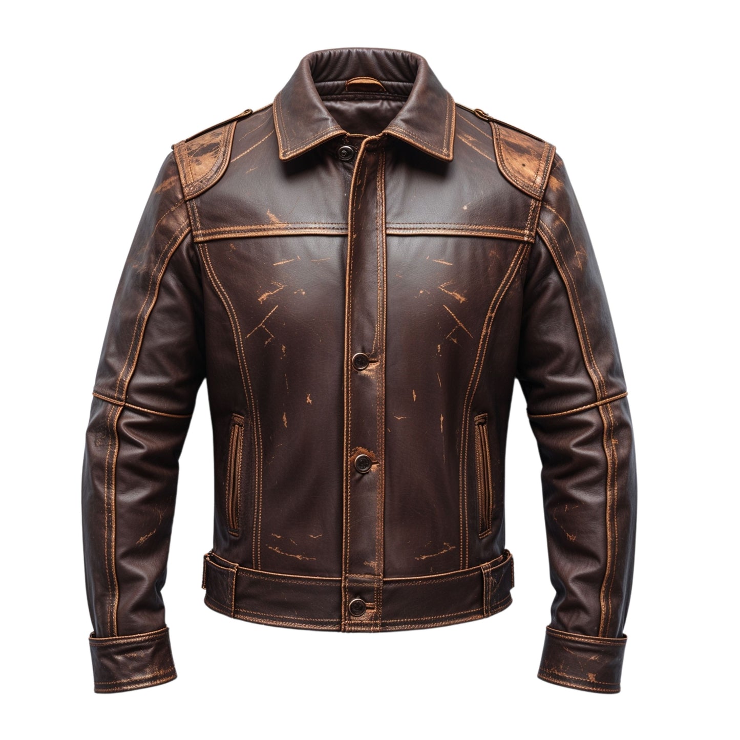 Men Vintage Distressed Brown Leather Jacket Classic Shirt Collar Rugged Stitching Timeless Versatile Wear