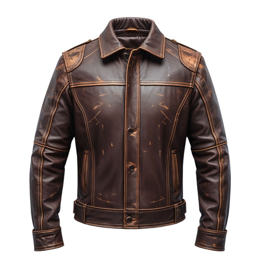 Men Vintage Distressed Brown Leather Jacket Classic Shirt Collar Rugged Stitching Timeless Versatile Wear