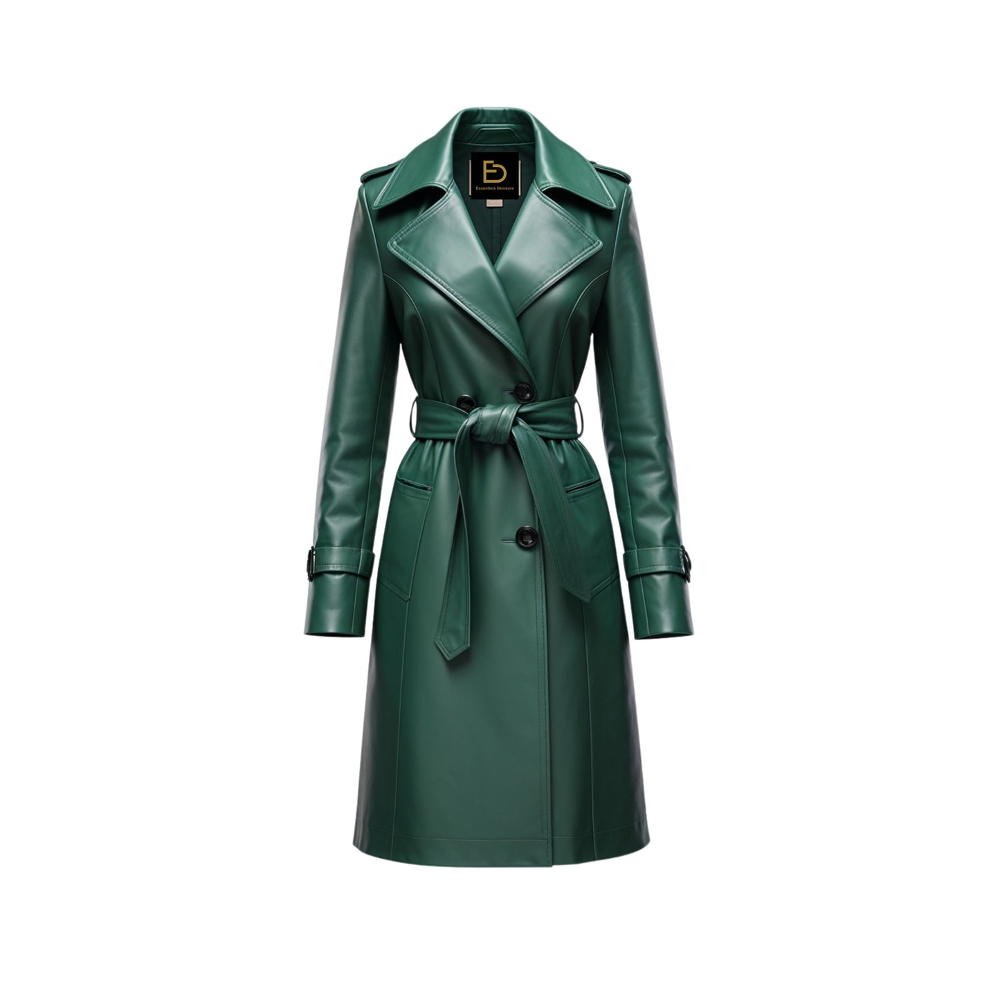 Emerald Green Real Leather Trench Coat: Belted, Long, City Outerwear