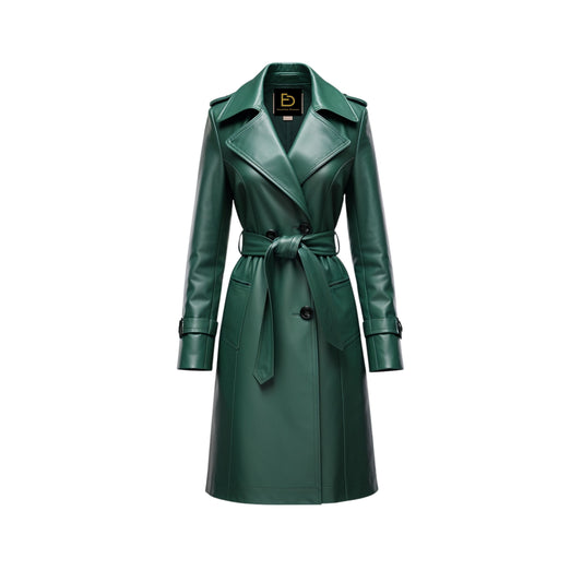 Emerald Green Real Leather Trench Coat: Belted, Long, City Outerwear