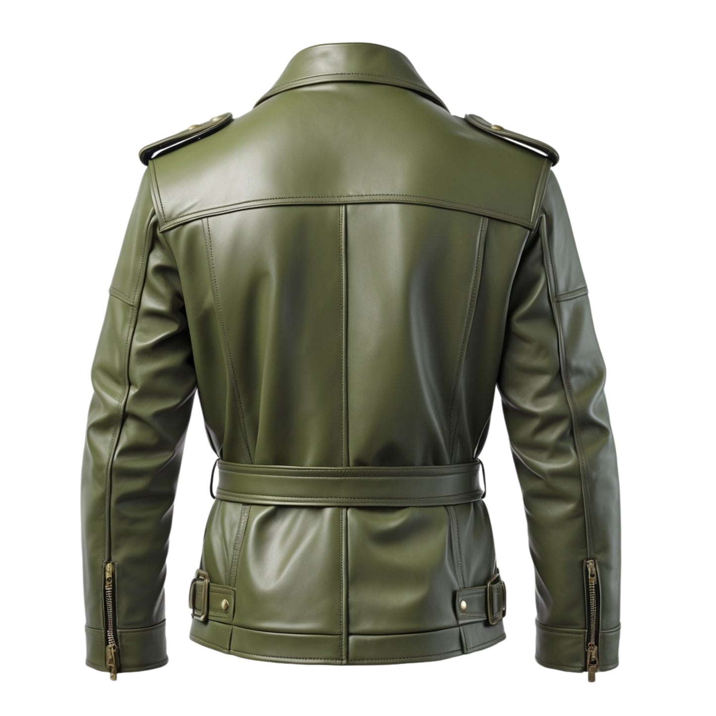 Green Real Leather Field Jacket with Belted Waist and Flap Pockets