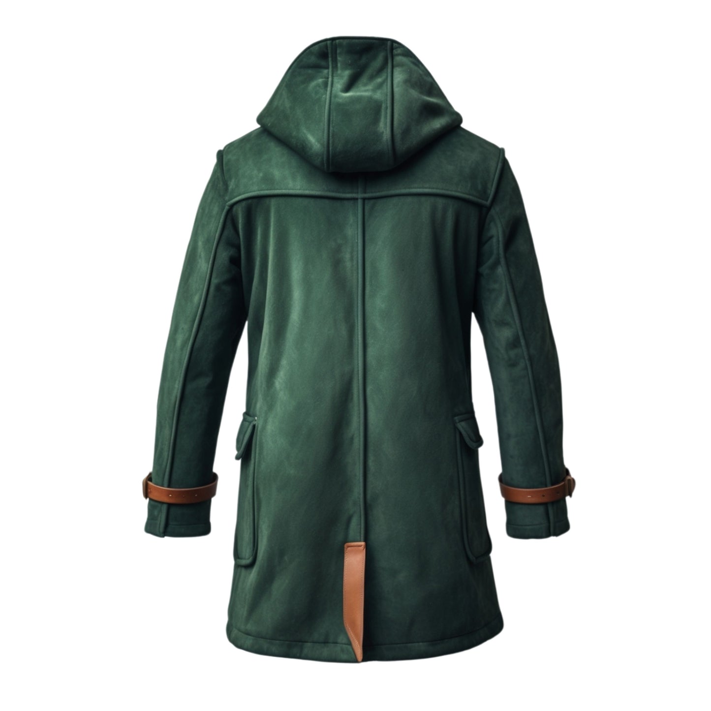 Men's Green Real Leather Duffle Coat with Toggle Fasteners and Hood