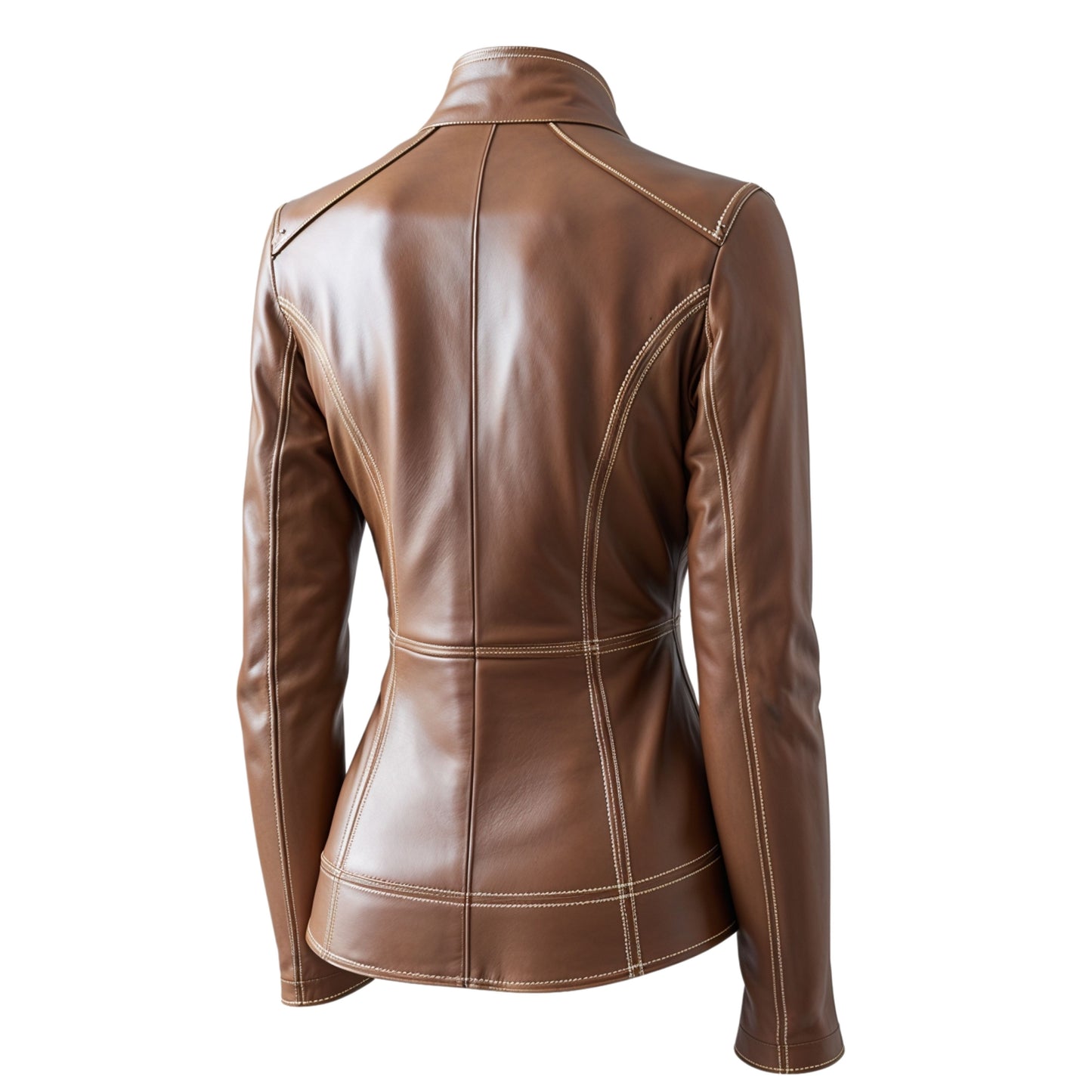 Brown Leather Jacket Women's Stand Collar Zip Front Coat Contrast Stitching Slim Fit