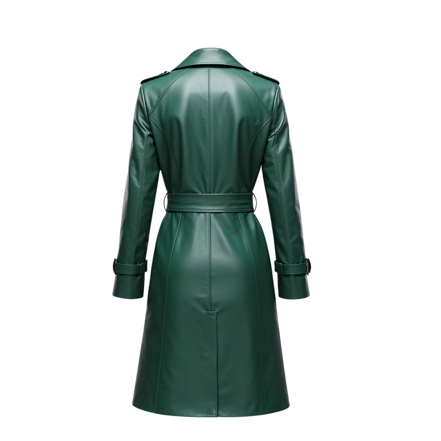 Emerald Green Real Leather Trench Coat: Belted, Long, City Outerwear