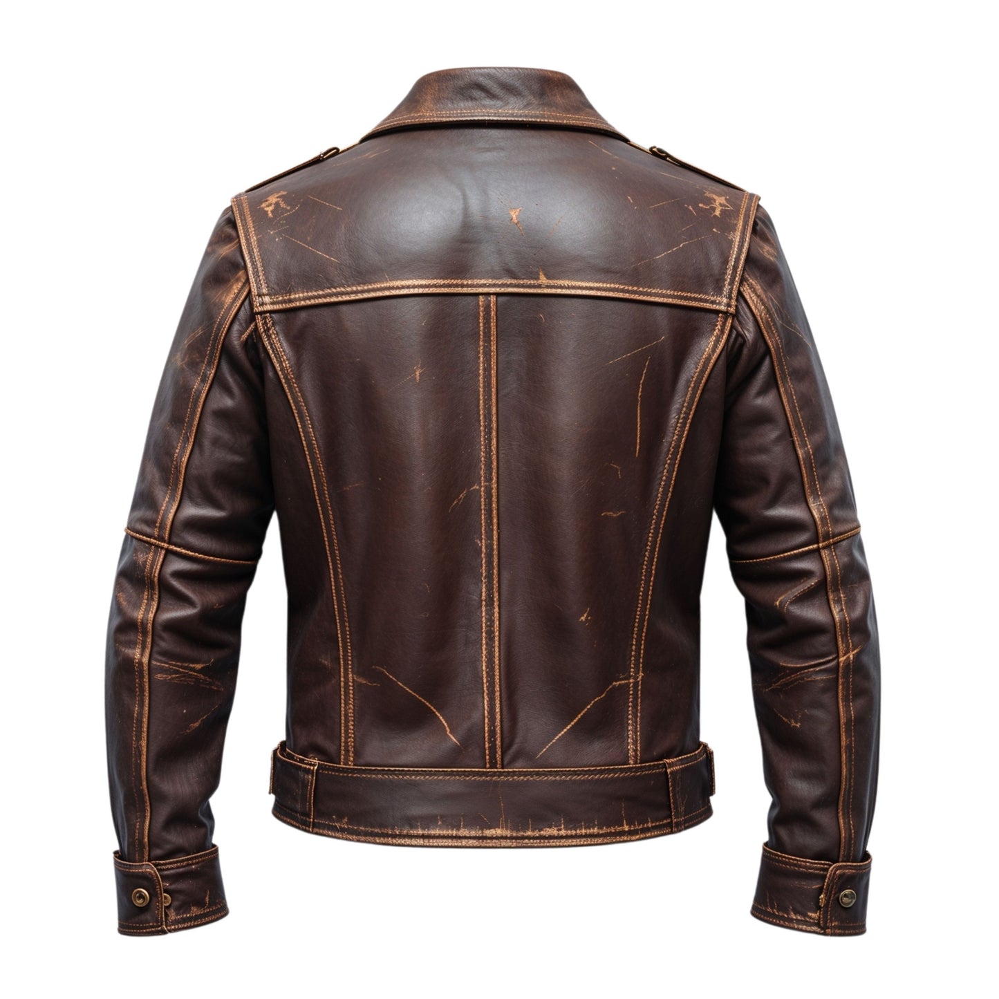 Men Vintage Distressed Brown Leather Jacket Classic Shirt Collar Rugged Stitching Timeless Versatile Wear