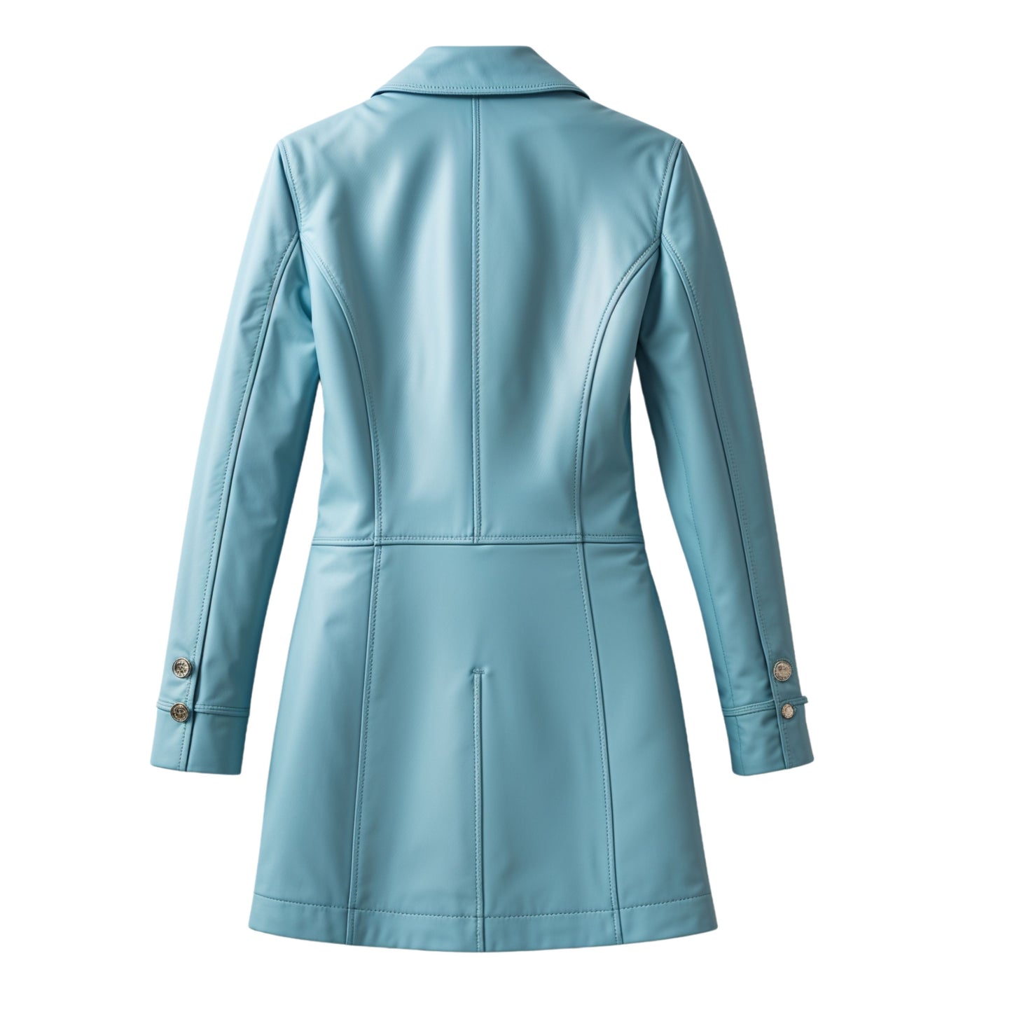 Light Blue Real Leather Coat with Silver Buttons, Shaped Seams, Zip Pockets