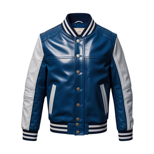 Blue White Leather Varsity Bomber Jacket: Striped Ribbed Hem Snap Button Front