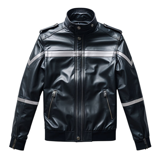Men's Real Leather Racer Jacket with Reflective Stripes, Urban Street Style Moto Inspired