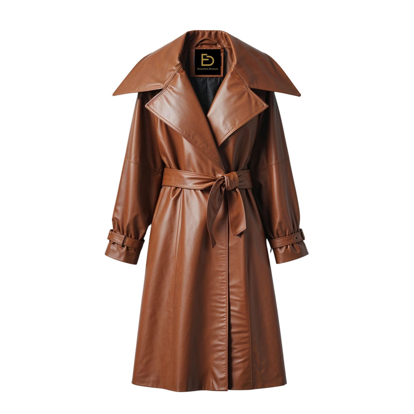 Women Cognac Leather Trench Coat: Belted Wrap Style, Wide Lapel, Buckle Cuffs