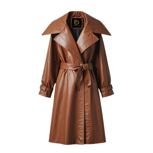 Women Cognac Leather Trench Coat: Belted Wrap Style, Wide Lapel, Buckle Cuffs