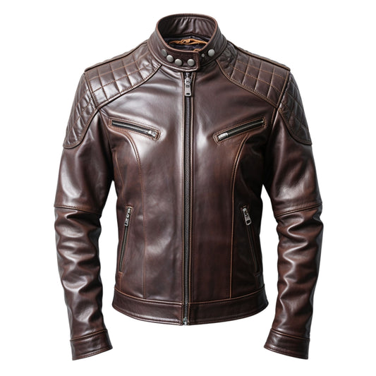 Men's Brown Real Leather Biker Jacket Quilted Shoulders Zippered Pockets Moto Style