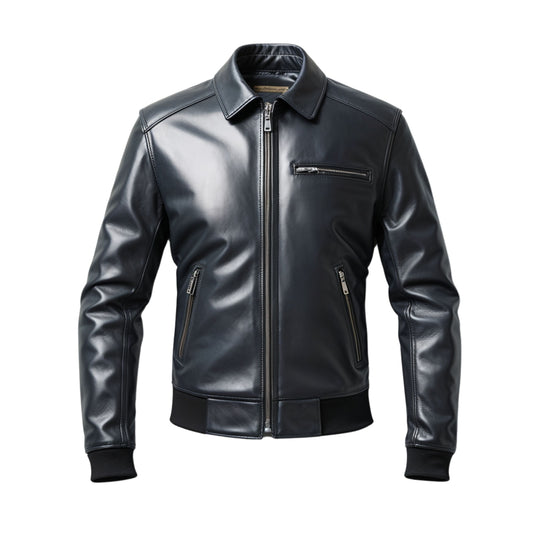Men's Real Leather Bomber Jacket: Stylish Zipper Pockets, All-Season Comfort