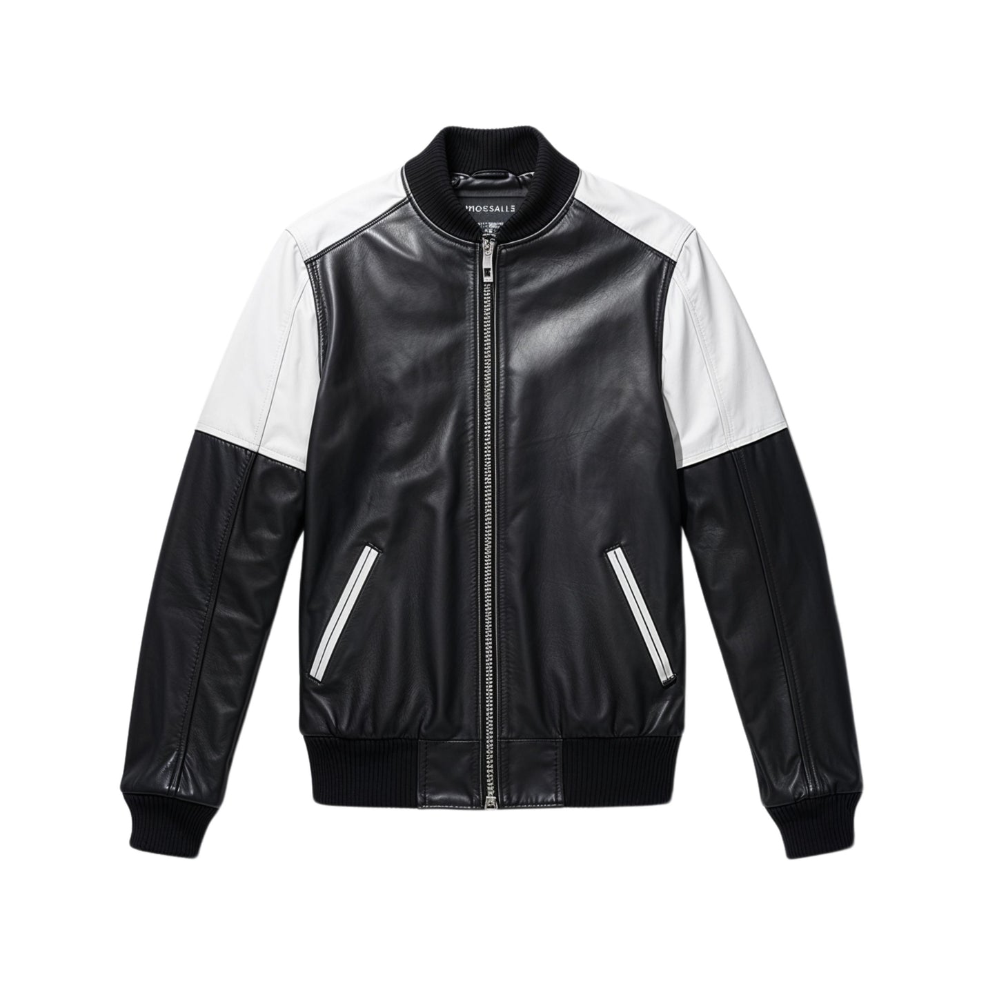 Men's Black White Real Leather Bomber Jacket Contrast Color Block Ribbed Trim Urban Style