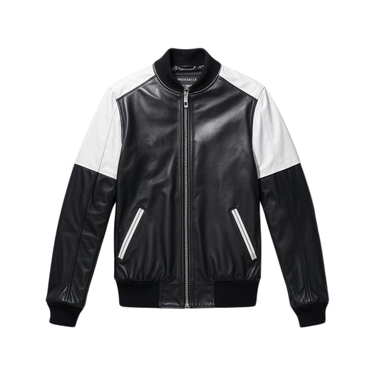 Men's Black White Real Leather Bomber Jacket Contrast Color Block Ribbed Trim Urban Style