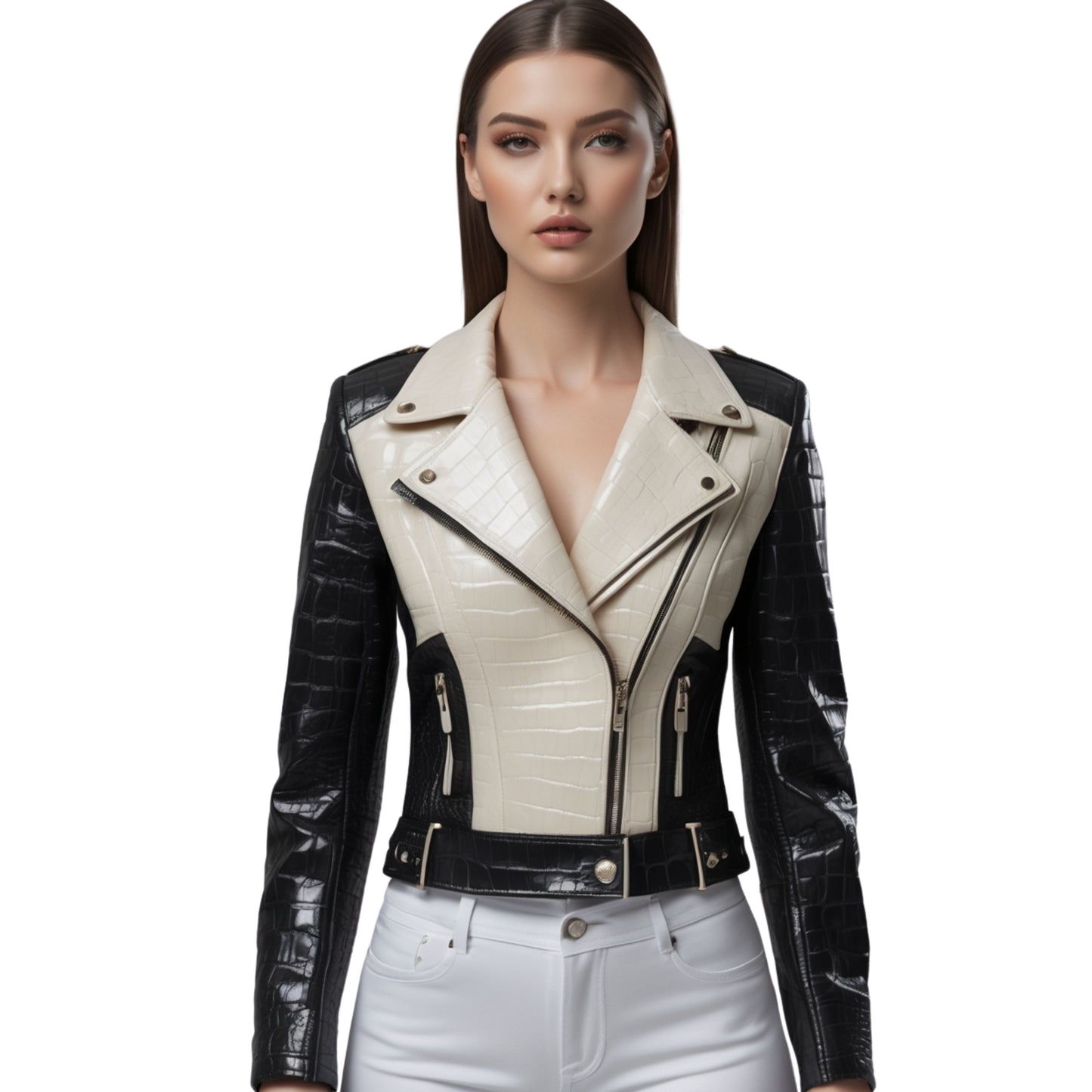 Women's Black Ivory Leather Croc Embossed Moto Jacket Slim Biker Fit