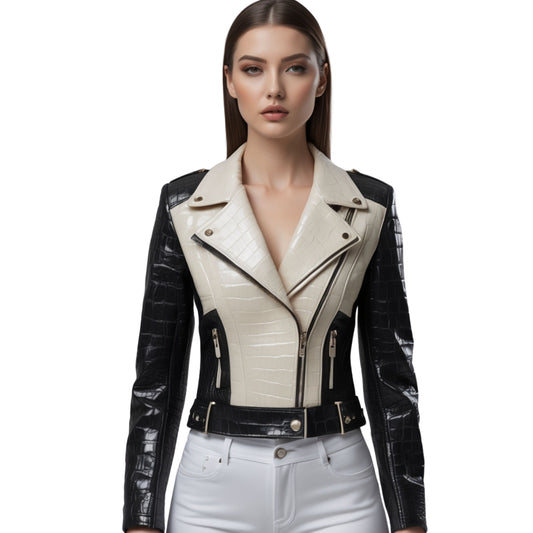 Women's Black Ivory Leather Croc Embossed Moto Jacket Slim Biker Fit
