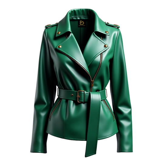 Hunter Green Leather Biker Jacket: Belted Moto Style, Studded Shoulders, Zipper Pockets