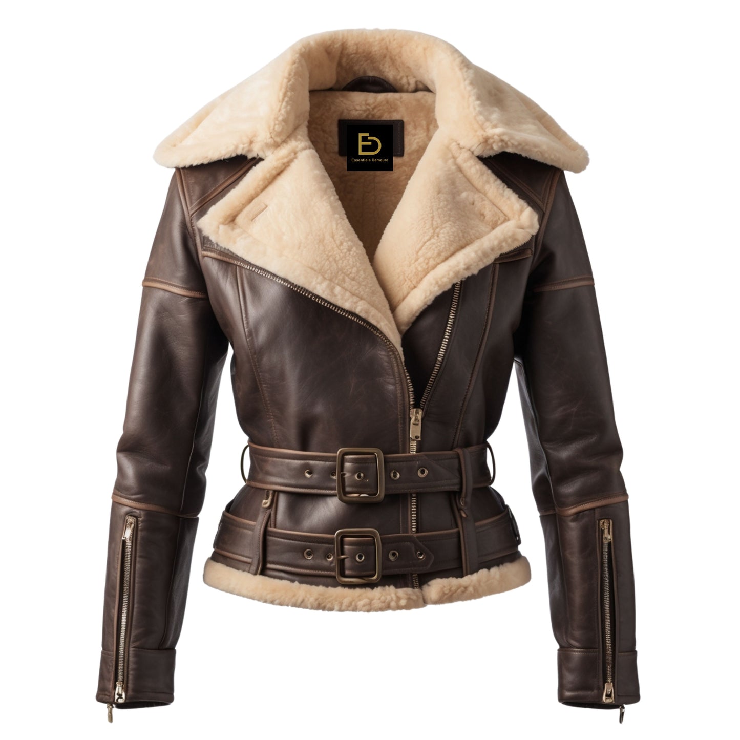Brown Leather Shearling Collar Aviator Jacket – Belted Moto Biker Coat